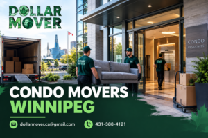 Condo movers in Winnipeg carrying a sofa into a modern condo building for Dollar Mover