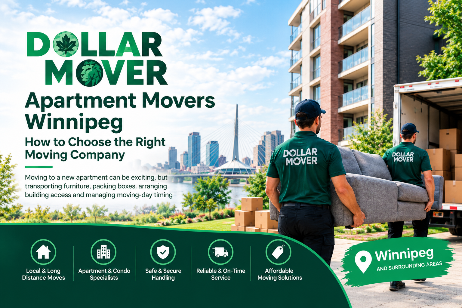 Best Apartment movers in Winnipeg carrying a sofa with Dollar Mover near a modern apartment building | Dollar Mover